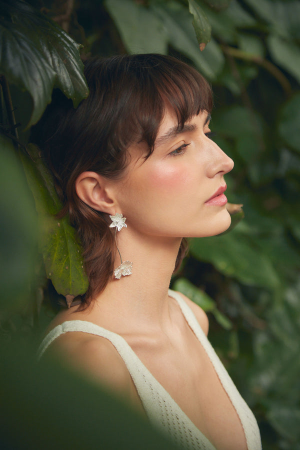Aretes duo de flores Clavellino y Azulillo largos Plata Ley
